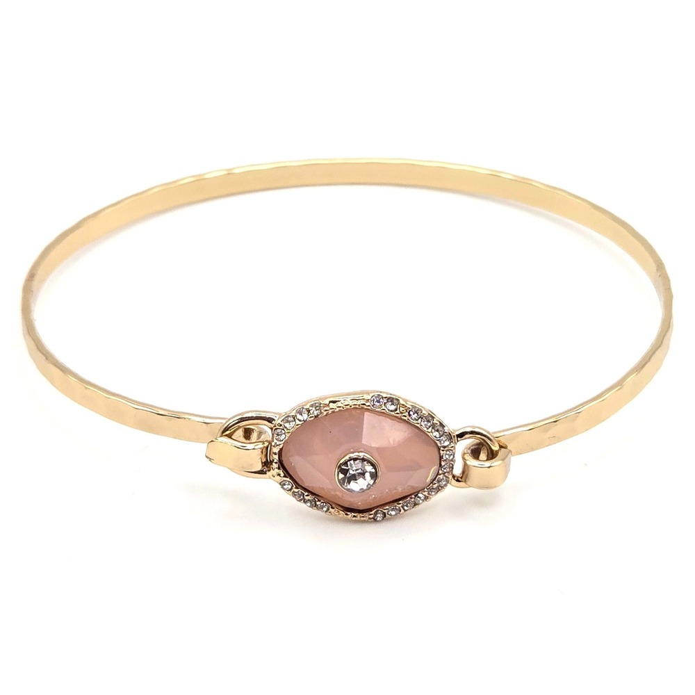 Avon Gold Tone Pink Resin Oval Rhinestone Hammered Bangle Bracelet Vintage